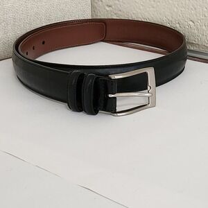 Perry Ellis Men Genuine Cowhide Black Leather Dress Belt Silver Buckle Size 32